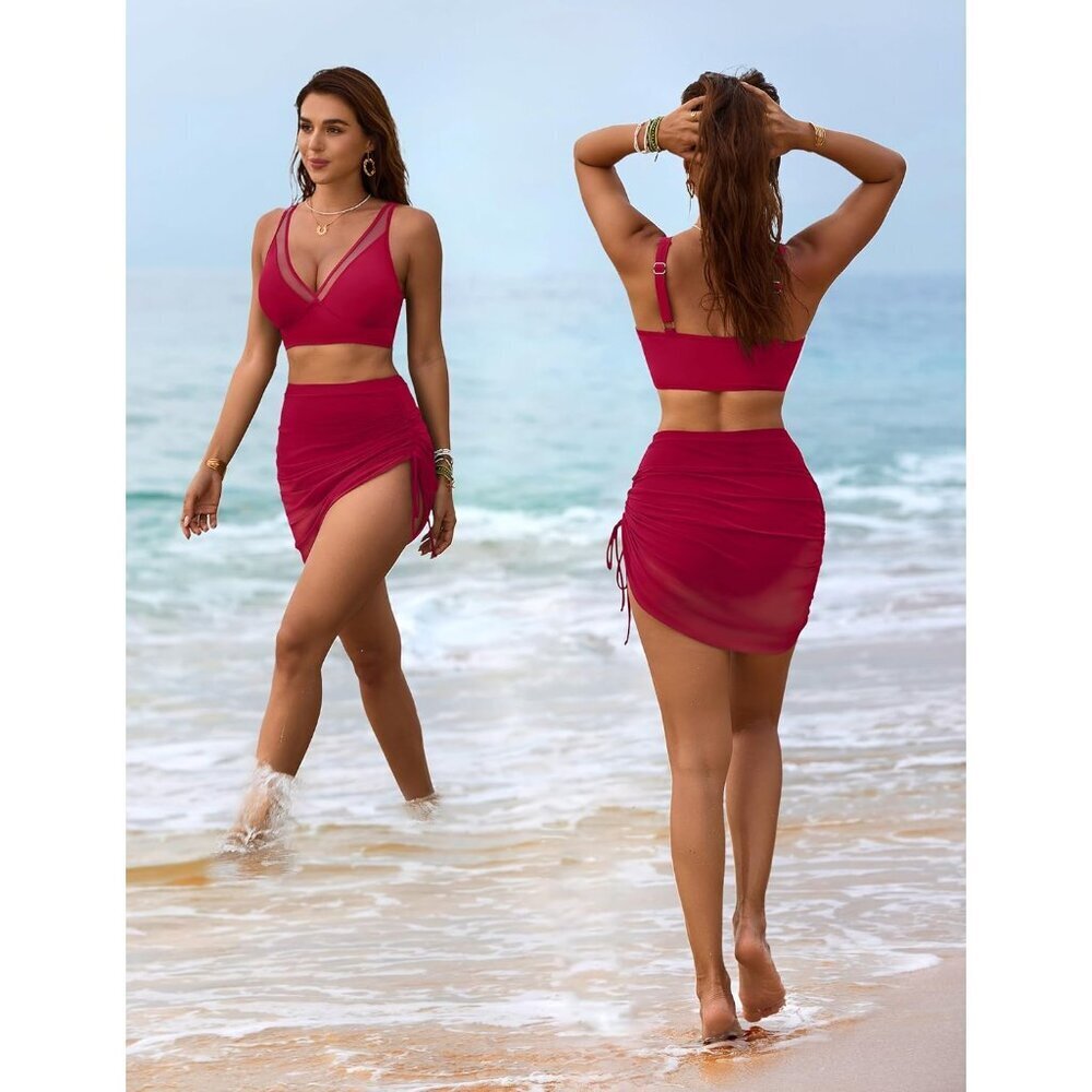 Women's High Waisted Swim Skirt Set Tummy Control Mesh Sarong Bathing Suit - Picture 5 of 6